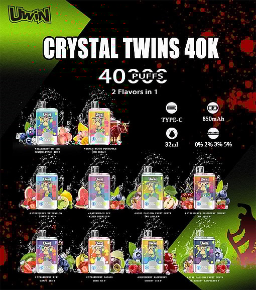 uwin crystal twins 40000 puffs dual flavor switching original genuine 40k type c charging port led display customizable. fast shipping