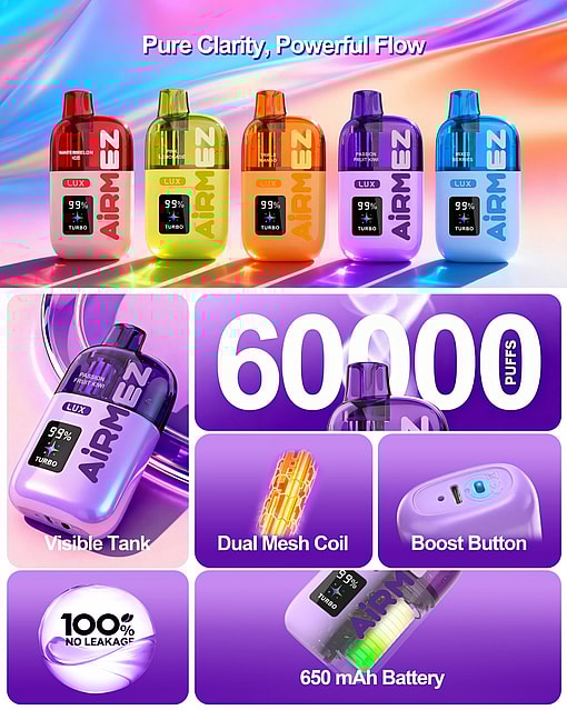 airmez lux 60000 puffs original airmez lux 60k transparent oil tank vape led display type c port disposable e cigarettes customizable. fast shipping