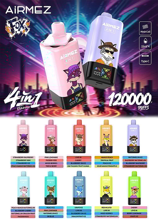 airmez fox 120000 puffs 4in1 flavor switching original genuine 80k led display type c charging port customizable fast shipping