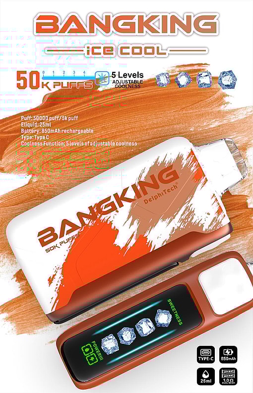 Bangking Ice Cool disposable vape device and packaging in white and orange brush-stroke design, labelled 50K puffs and 5 levels adjustable coolness, with a front digital display showing four ice-cube icons and icons for Type-C, 850mAh battery and 25ml e-liquid.