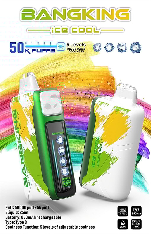 Poster-style image of two green-and-white BangKing “Ice Cool” disposable vape devices against a colourful brushstroke background, one front-facing with a display showing ice-cube icons for 5 adjustable coolness levels and copy noting 50K puffs, 25ml e-liquid and an 850mAh rechargeable battery.