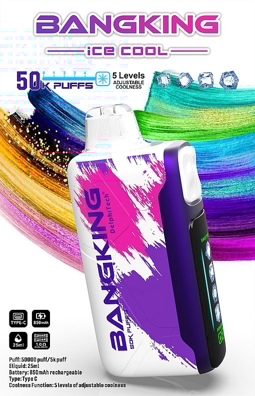 Colourful advert for a BangKing “ice cool” disposable vape device showing a white and purple pod with pink brushstroke graphics, highlighting 50K puffs, 25ml e-liquid, 850mAh Type‑C rechargeable battery and five levels of adjustable coolness with ice‑cube icons.