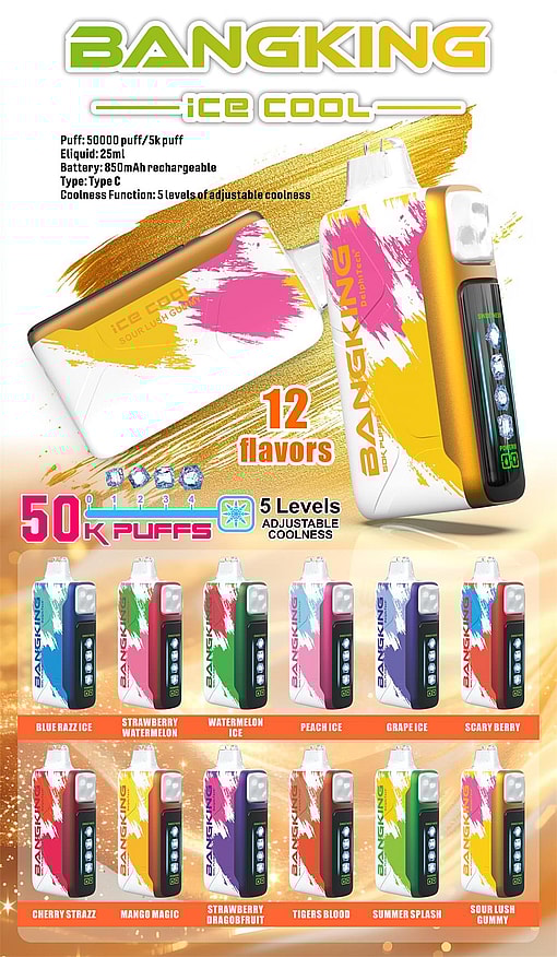 Promotional poster for BANGKING Ice Cool disposable vape featuring two close-up, paint-splattered devices and a digital display, prominent product specs (50,000 puffs, 25 ml e-liquid, 850 mAh rechargeable battery, Type-C charging, five levels of adjustable coolness) and a lower grid showing 12 colourful labelled flavour variations, each represented by a small device image.