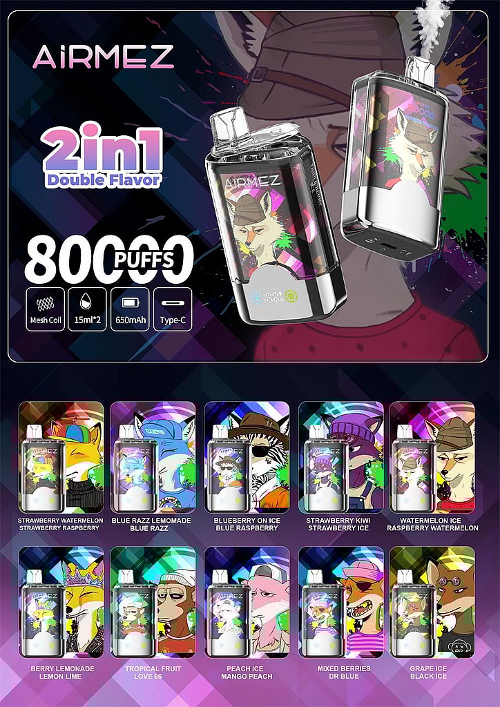 Promotional poster for AiRMEZ 2-in-1 disposable vape featuring two glossy pod devices with colourful anthropomorphic animal artwork, bold text advertising 800 puffs and double flavours, icons showing mesh coil, 15ml×2, 650mAh battery and Type‑C charging, and a grid of illustrated flavour options such as strawberry watermelon, blue razz lemonade, blueberry on ice and tropical fruit.