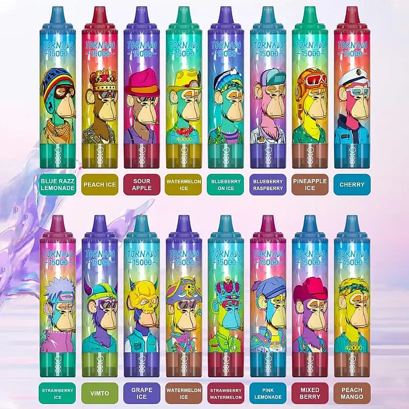 Two rows of brightly coloured disposable vape devices, each featuring a unique cartoon ape illustration and a flavour label (examples include Blue Razz Lemonade, Peach Ice, Sour Apple, Watermelon Ice, Blueberry on Ice, Pineapple Ice, Cherry, Strawberry Ice, Vimto, Grape Ice, Strawberry Watermelon, Pink Lemonade, Mixed Berry and Peach Mango) arranged against a soft gradient background.
