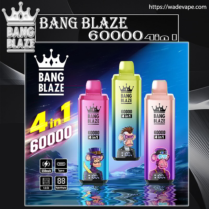 Promotional image showing three colourful Bang Blaze 60000 4-in-1 disposable vape devices—pink‑purple, lime‑green and rose‑gold—each stamped with a crown logo and cartoon monkey illustration, with large BANG BLAZE 60000 4in1 text, icons for 650mAh, Type‑C and digital display, and a reflective blue cosmic water background.