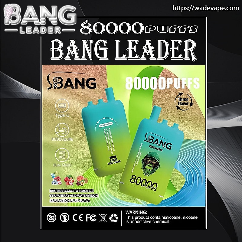 Promotional poster for Bang Leader disposable vapes showing two teal‑to‑green devices with a skull logo and mouthpieces, bold headline '80000 PUFFS', icons for Type‑C and dual mesh, a 'three flavor' note with listed flavours and a nicotine addiction warning at the bottom.