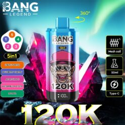 Colourful advertisement for a Bang Legend 120K disposable vape shaped like a drink can with a stylised monkey wearing sunglasses and a pink hat against neon crystal rocks, labelled 5-in-1 with five flavour icons (Energy Drink, Blueberry Cherry, Apple Grape, Watermelon Pitaya, Mamba), 50ml capacity, mesh coil x5, Type-C charging and a 360° rotation arrow.