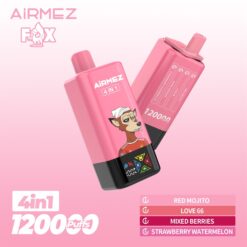 Two pink AiRMEZ FOX 4-in-1 disposable vape devices, one labelled 1200 puffs and featuring a cartoon fox wearing a beanie, with a black geometric base and a flavour list (Red Mojito, Love 66, Mixed Berries, Strawberry Watermelon) on a soft pink gradient background.