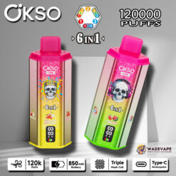 okso 6 in 1 120000 puffs disposable vape | triple mesh coil 6 flavor switch | smart display 850mah battery type c prot